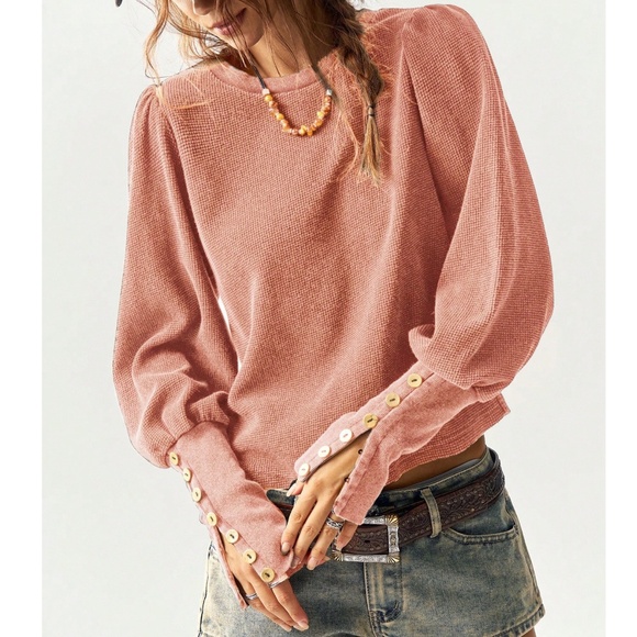 Solid Thermal Knit Puff Button Cuff Long Sleeve Top - Picture 13 of 14